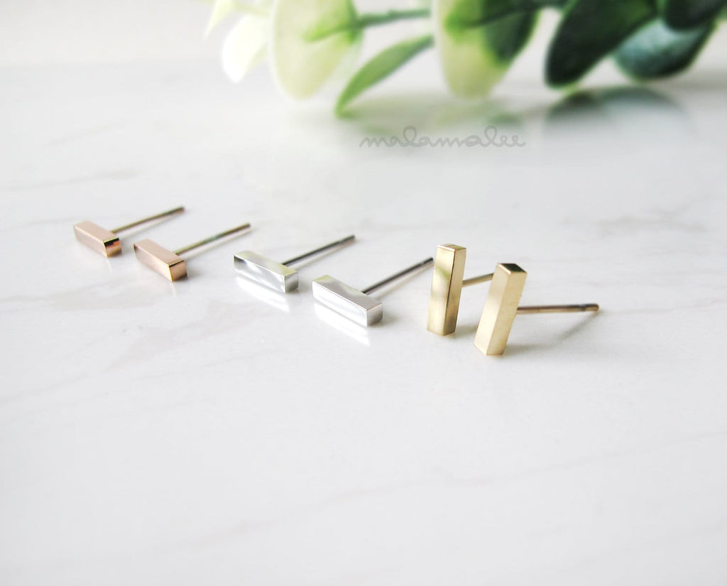 Minimal Bar stud earrings, silver, gold, rose gold, minimalist earrings, Hypoallergenic, Surgical steel earrings, Titanium earrings,