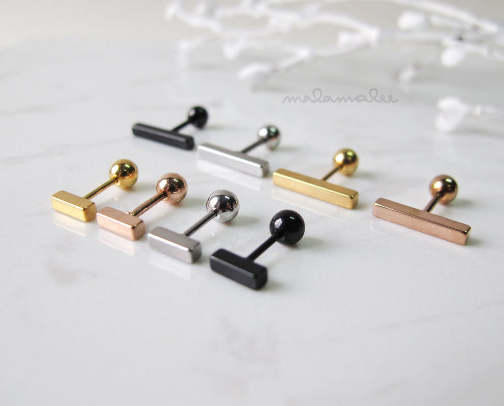 Bar stud Ear Piercing, 6mm, 12mm, Black, Gold, Silver, Rose Gold, Cartilage earrings,Minimalist earrings, men's earrings, Hypoallergenic