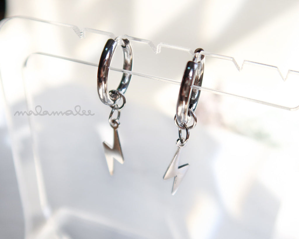 Dangle Lightning Bolt Huggie Hoop earrings, Stainless steel hoop earrings, Man earrings, Men's Hoop earrings. Ear Cartilage hoop