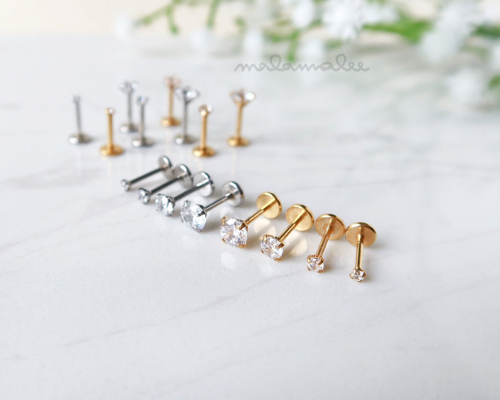 Threadless Flat Back Stud Earrings, 6 Pairs Titanium Hypoallergenic  Earrings for Women Men, Cubic Zirconia Silver Gold Stud Earrings Surgical