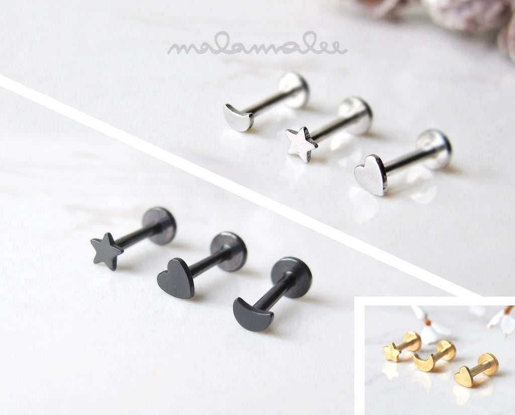 Tiny Moon, Star, Heart Internally Threaded Ear Piercing, 16G, Cartilage earring, conch, helix earring, Flat back minimalist earrings