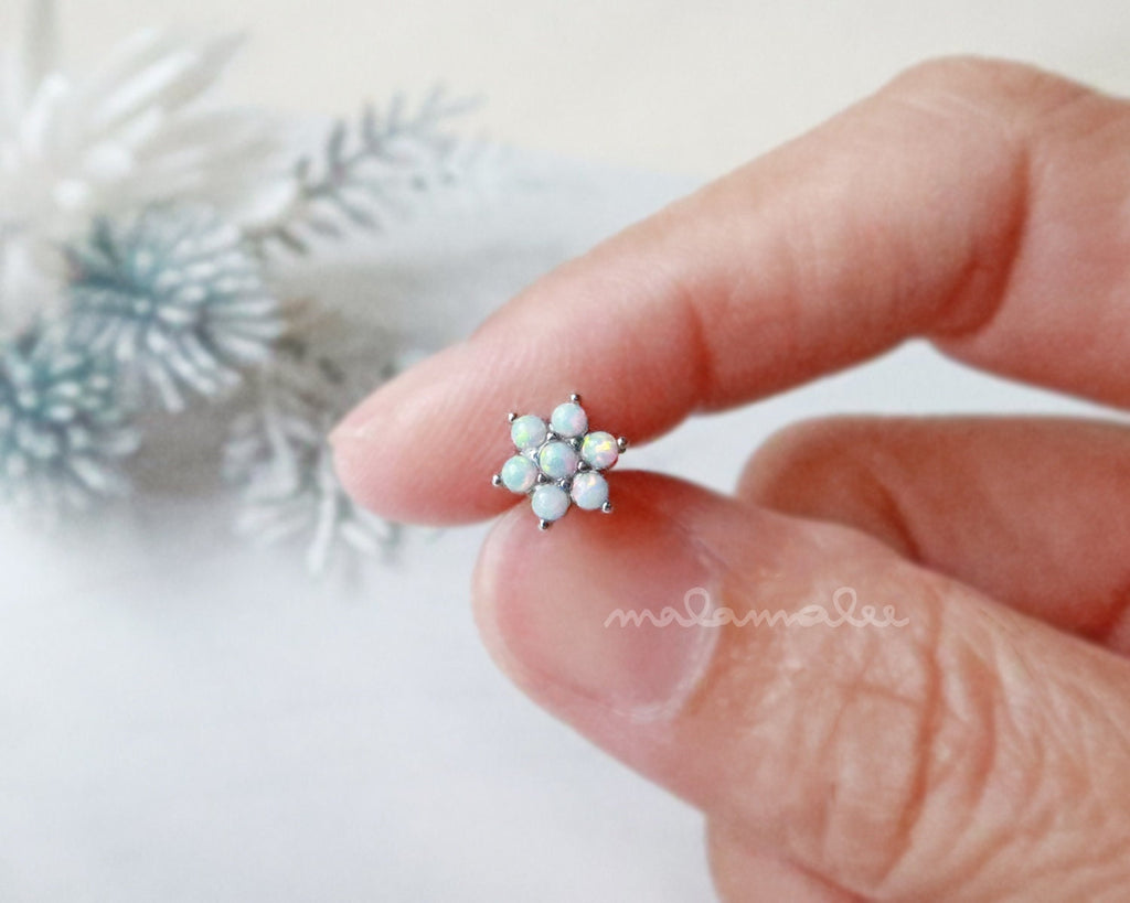 Mini White Opal Flower Stud earrings, Screw Back, Cartilage earring, 18G, Helix earring, Conch earring, Opal earrings,