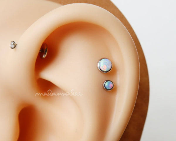 Set of 3, White Opal Push-In / Threadless Flat Back earrings, 3,4,5 mm, 16G Labret, Cartilage piercing , Tragus, Conch, Helix earring,