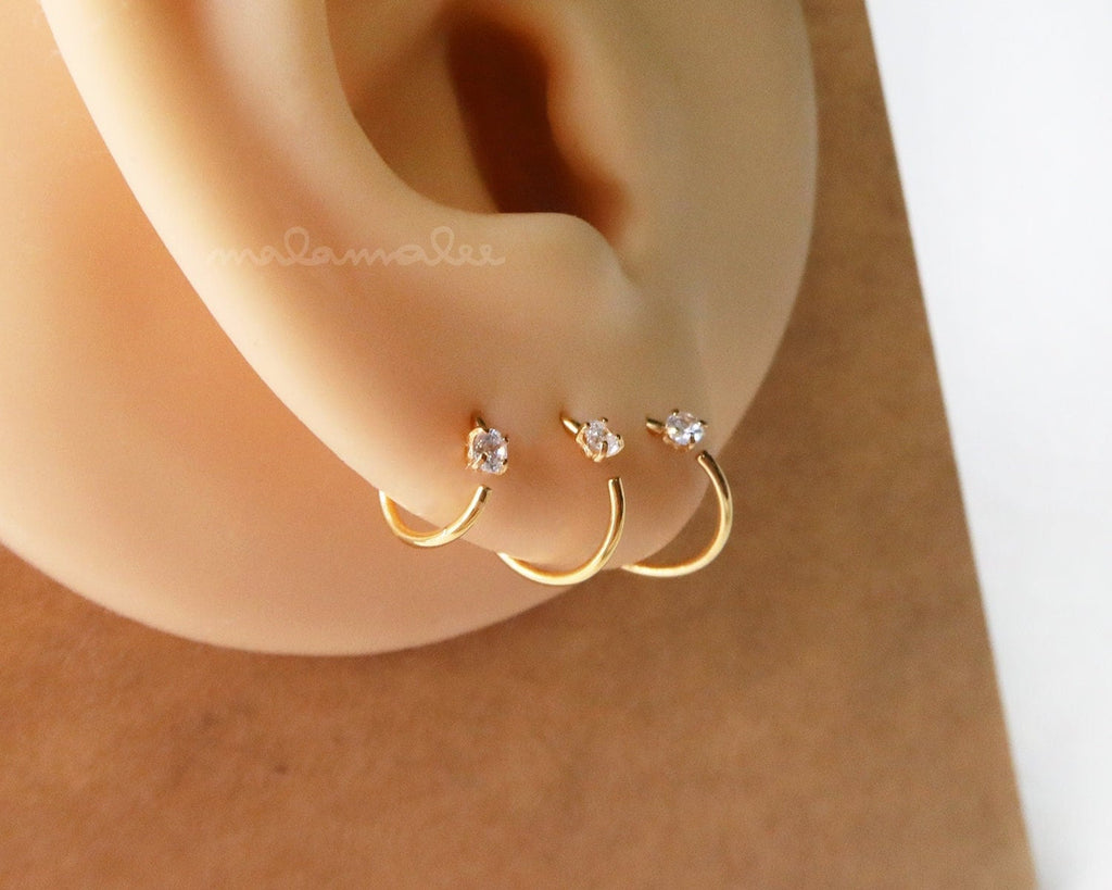 Tiny Huggie Hoop earrings with clear stones, 2mm, 3mm CZ Surgical steel hoops, Silver, Gold, Minimalist earrings, Cartilage earring, sleeper