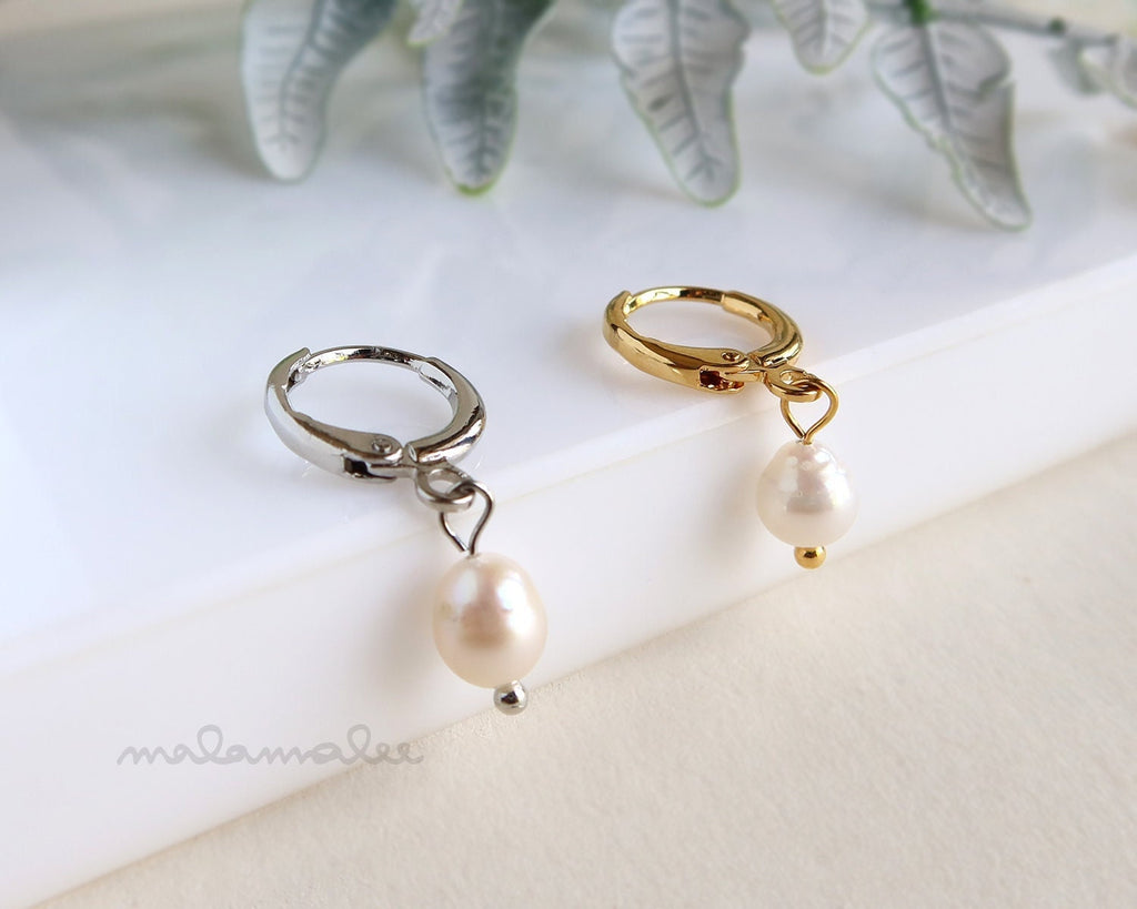 Small Hoop Earring with Dangling White Pearl Drop, Bridal Earrings, Bridesmaid Earrings, Freshwater Pearl Hoop Earrings, Pearl Drop Earrings