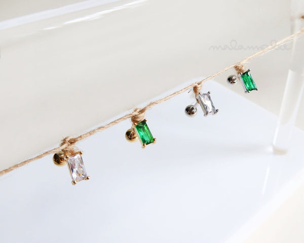 Baguette Gem Stud earring with screw back, Cartilage earring, Minimalist earrings, Helix, Conch, Tragus, cartilage piercing