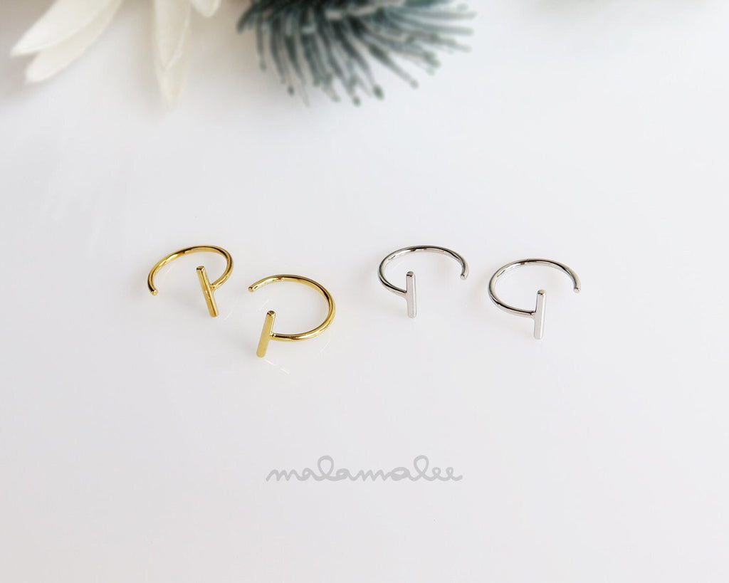 Dainty Bar Open Hoop earrings, Small Sleeper earrings, Tiny hoop earrings, Silver, Gold, Minimalist Threader earrings, Geometric earrings