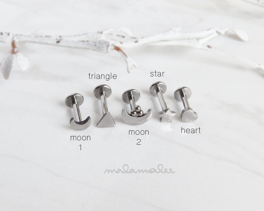 18G/16G Tiny Moon Cartilage Flat Back Labret Stud Moon Stud Earrings Tragus Flat  Back Earring Helix Conch Earring Cartilage 
