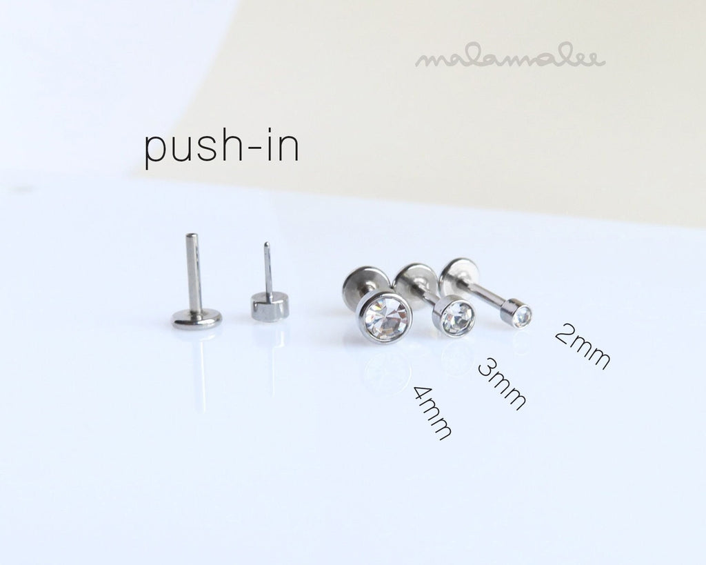 Set of 3, Tiny Sparkly CZ Set, Bezel setting, Push-In Threadless, Flat Back earrings, Cartilage piercing , Tragus earring, Conch, Helix